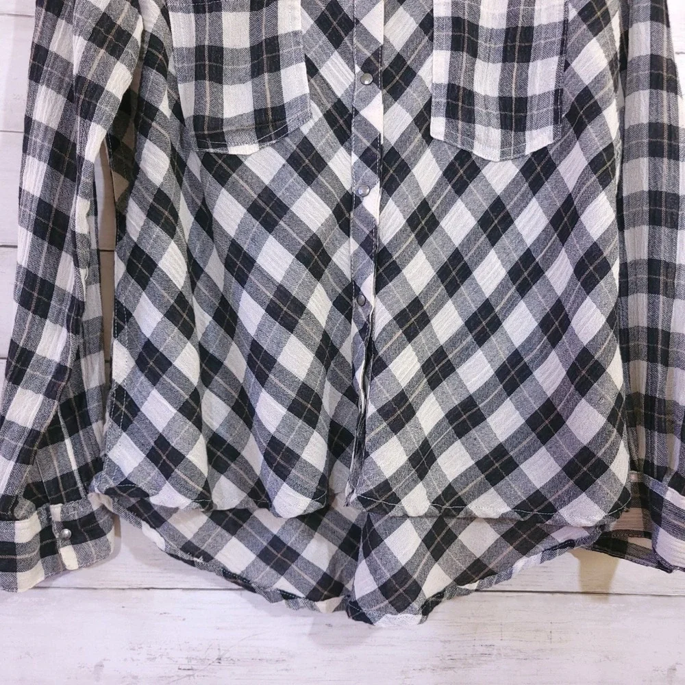 Free People Plaid Lace Up Shoulder‎ Snap Front High Low Shirt Black White Small